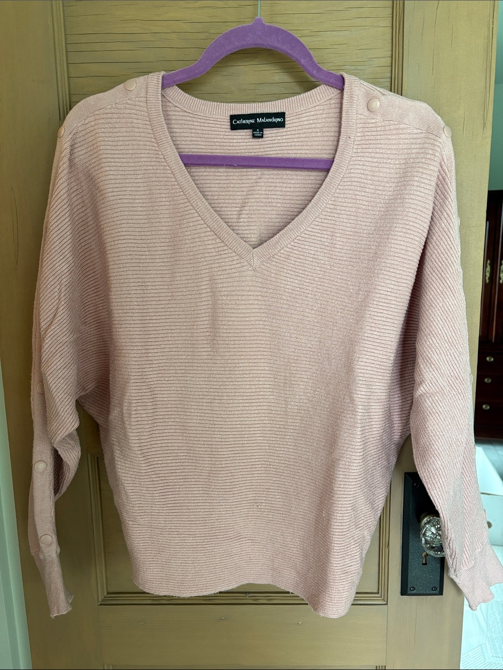 Catherine Malandrino Dusty Blush Pink V-Neck Sweater  Shoulder Buttons | size S